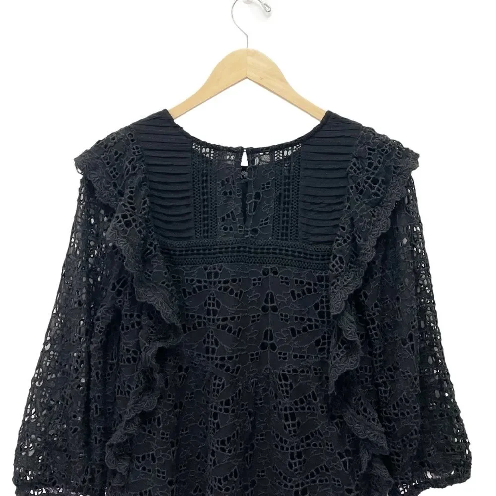 Anthropologie Clementine Eyelet Lace Blouse Black Ruffle Puff Sleeve Size 6